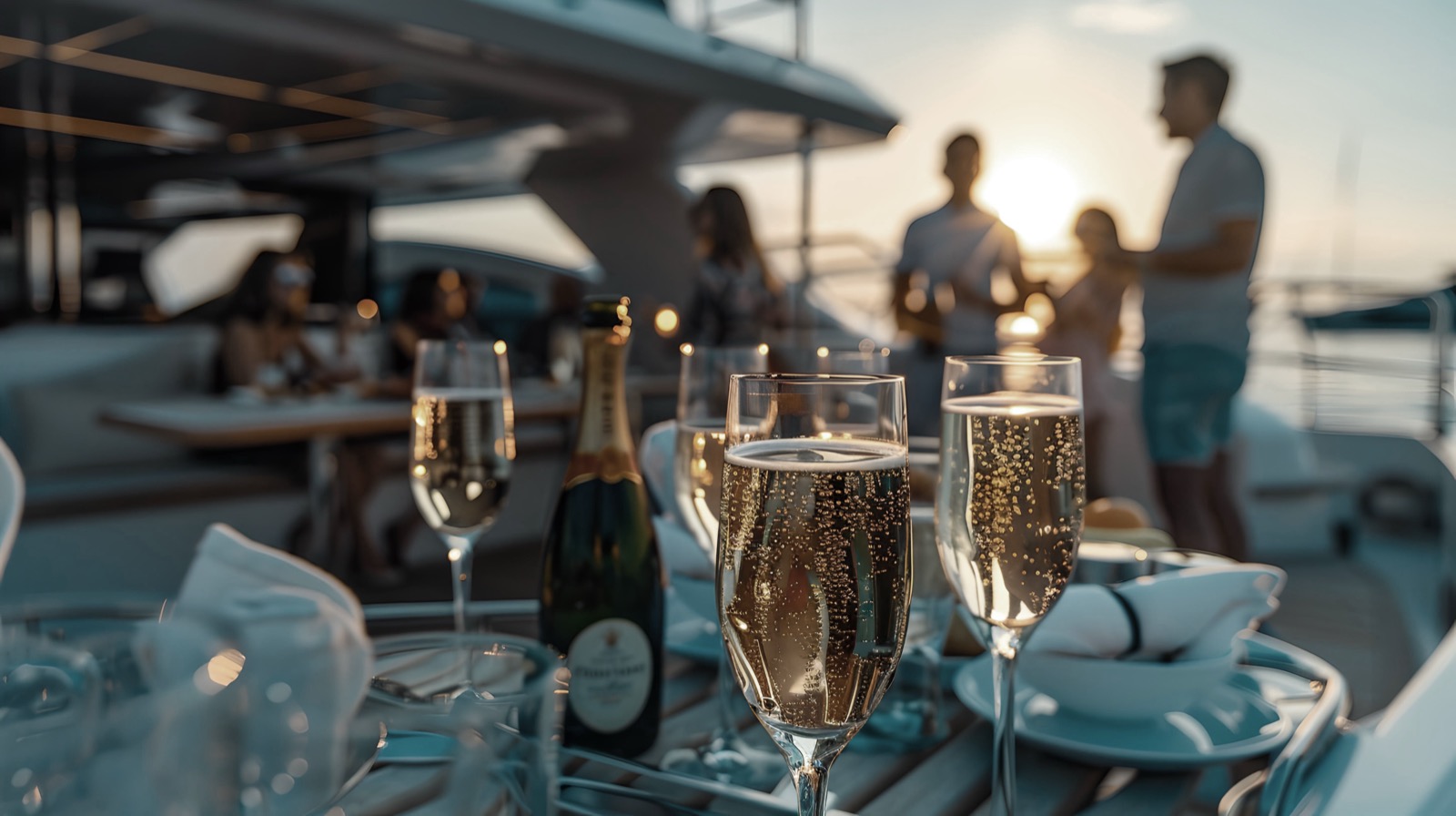 Champagne flutes on a yacht deck